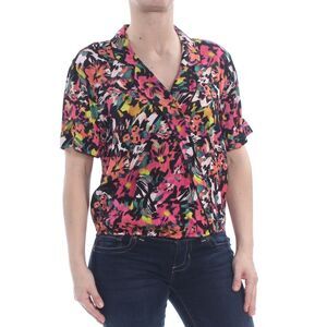 GUESS Womens Pink Floral 3/4 Sleeve Collared Wrap Top XS